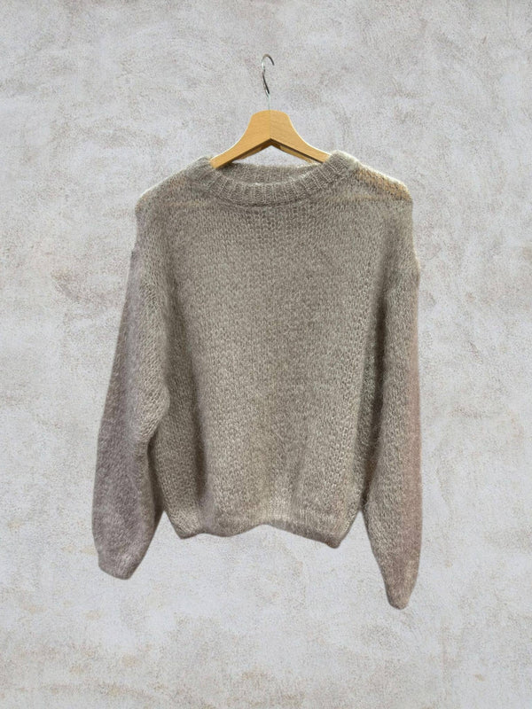 Round neck long sleeve sweater in 80% kid mohair: Navy Blue / One size-Blue Hand Home