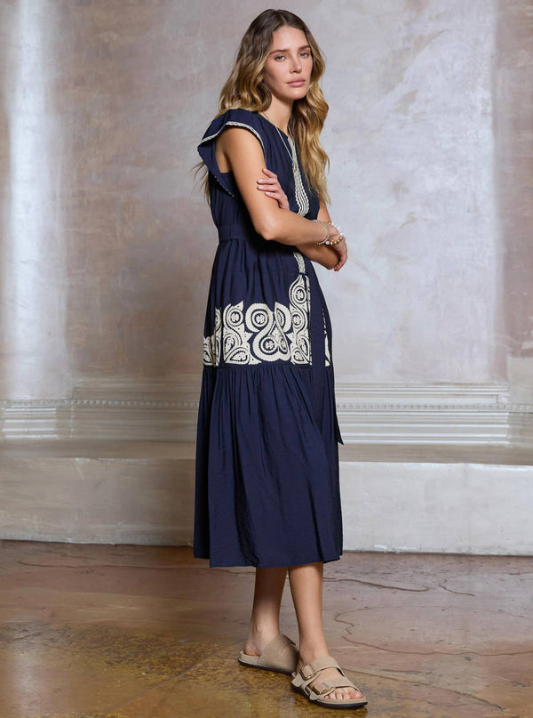 Boho Embroidery Cap Sleeve Midi Dress-Blue Hand Home