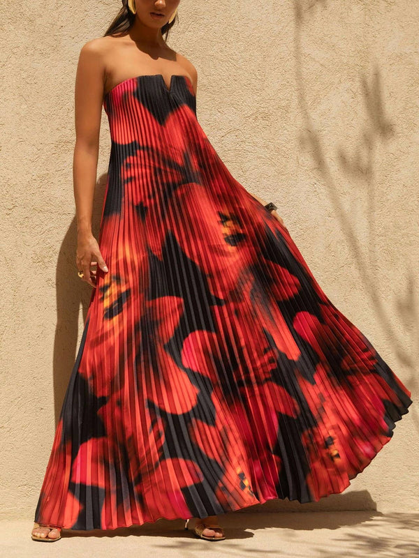 Bergamot Floral Pleated Sweetheart Neck Maxi Dress-Blue Hand Home