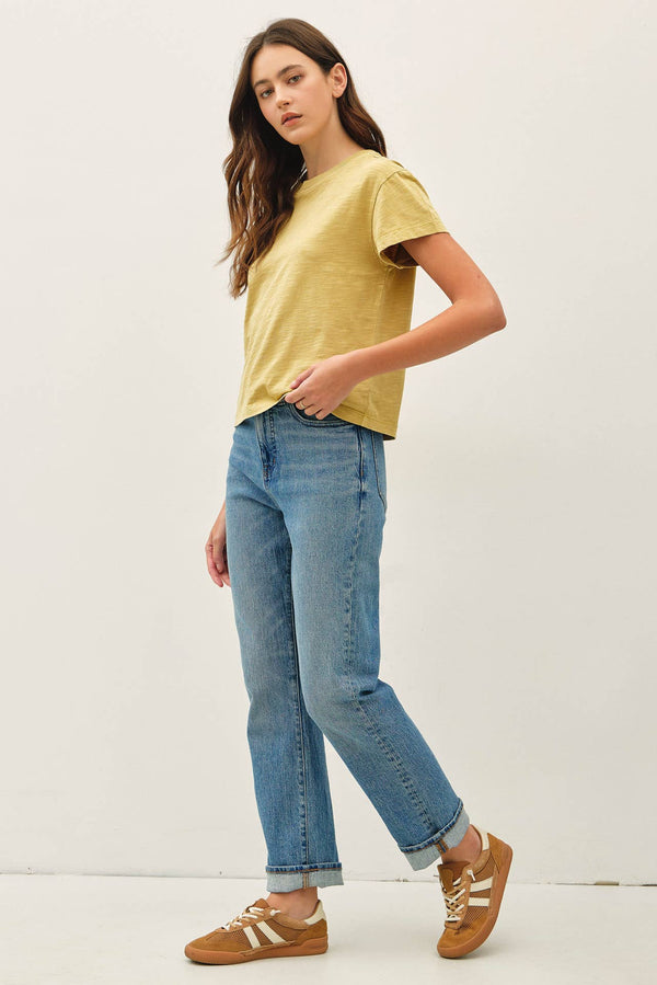 Garment Dyed Cotton Slub Half Sleeve Crop Top