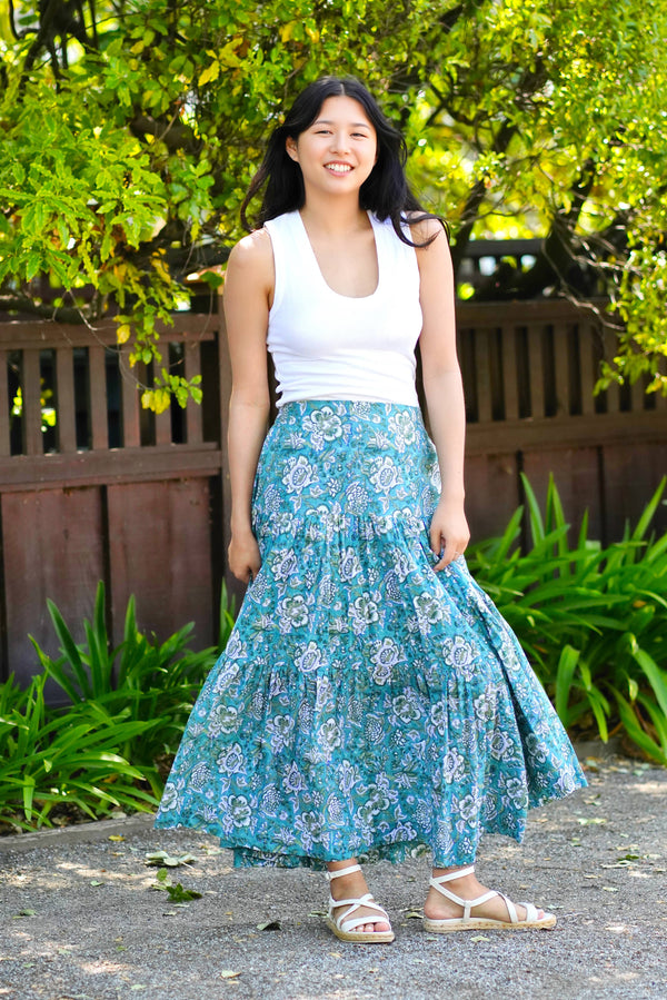 Block Printed Tiered Cotton Skirt-Green-Blue Hand Home