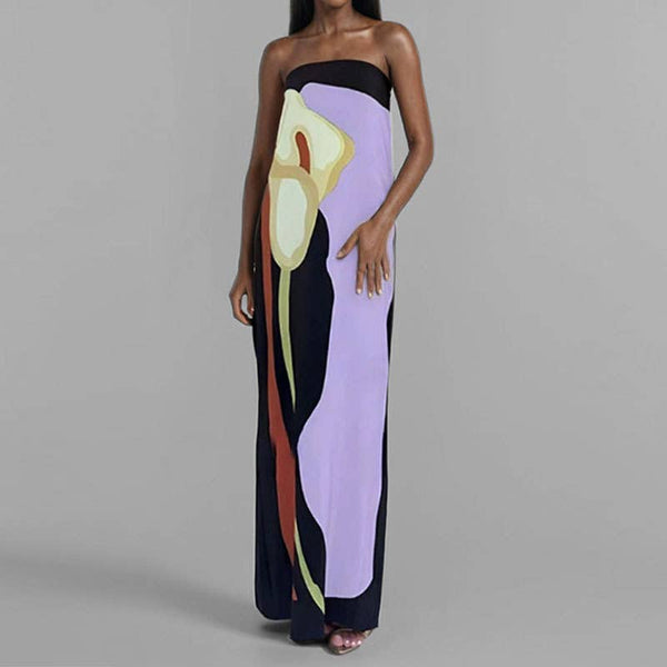 Calla Lily Print Strapless Maxi Dress-Blue Hand Home