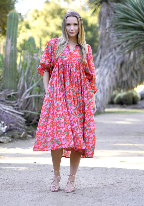 Mylah Midi Dress Block Printed Coral Multi-Blue Hand Home