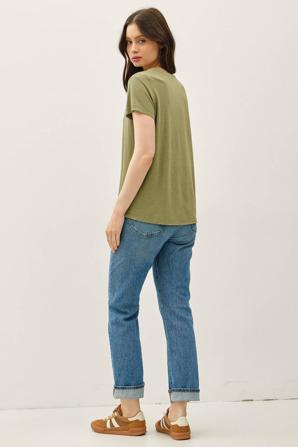 LINEN CLASSIC ROUND NECK SPLIT HEM T-SHIRT-Blue Hand Home