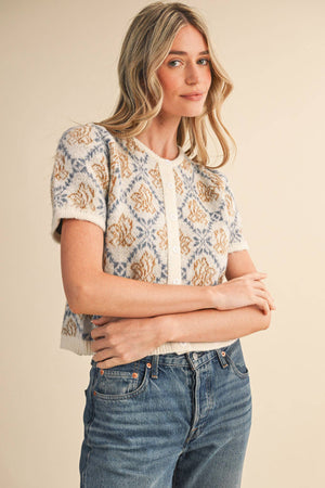 FLORAL SHORT SLEEVE SWEATER CARDIGAN MSW11258-Blue Hand Home