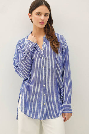 COTTON LINEN BLEND LONG SLEEVE BUTTON UP SHIRT-Blue Hand Home