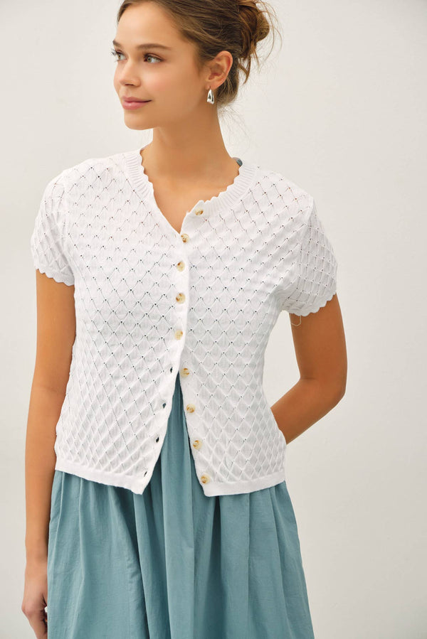 POINTELLE STITCH SHORT SLEEVE CARDIGAN-Blue Hand Home