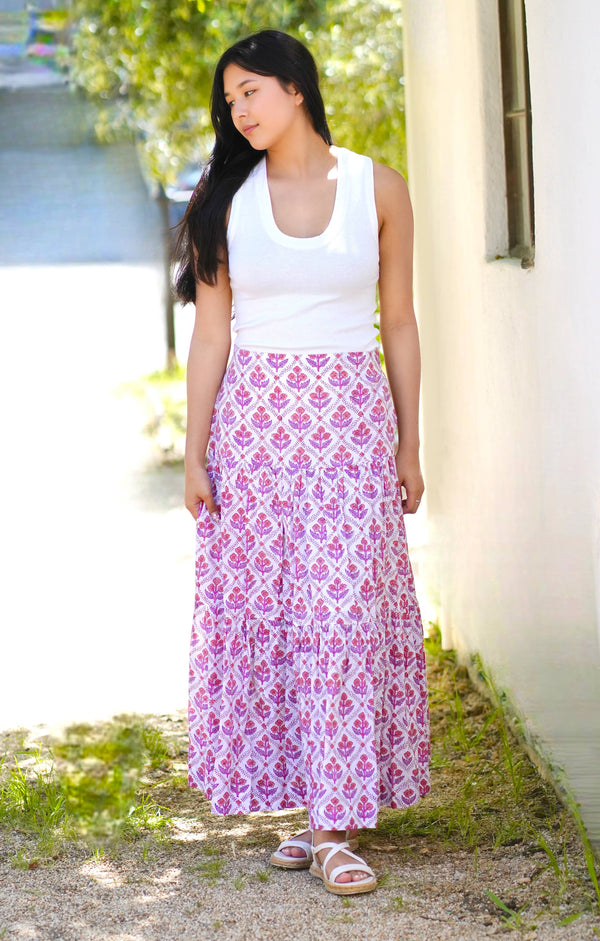 Block Printed Tiered Cotton Skirt- Purple White-Blue Hand Home