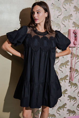 Bubble Sleeve Crochet Lace Babydoll Dress-Blue Hand Home