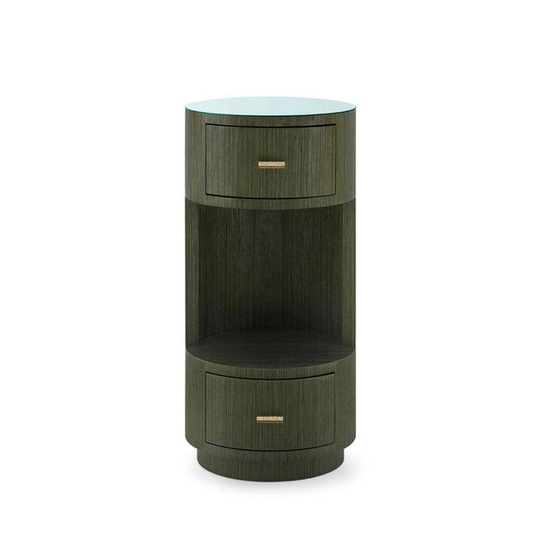 Aaron 2-Drawer Side Table with Glass Top, Deep Olive-Blue Hand Home