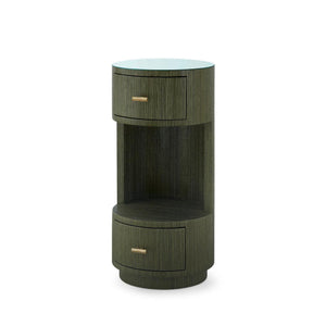 Aaron 2-Drawer Side Table with Glass Top, Deep Olive-Blue Hand Home