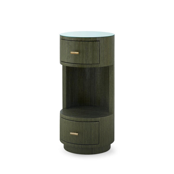 Aaron 2-Drawer Side Table with Glass Top, Deep Olive-Blue Hand Home