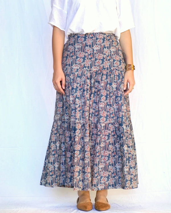 Block Printed Tiered Cotton Skirt- Indigo -Blue Hand Home
