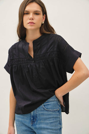 EYELET LACED OVERSIZE DOLMAN SLEEVE TOP-Blue Hand Home