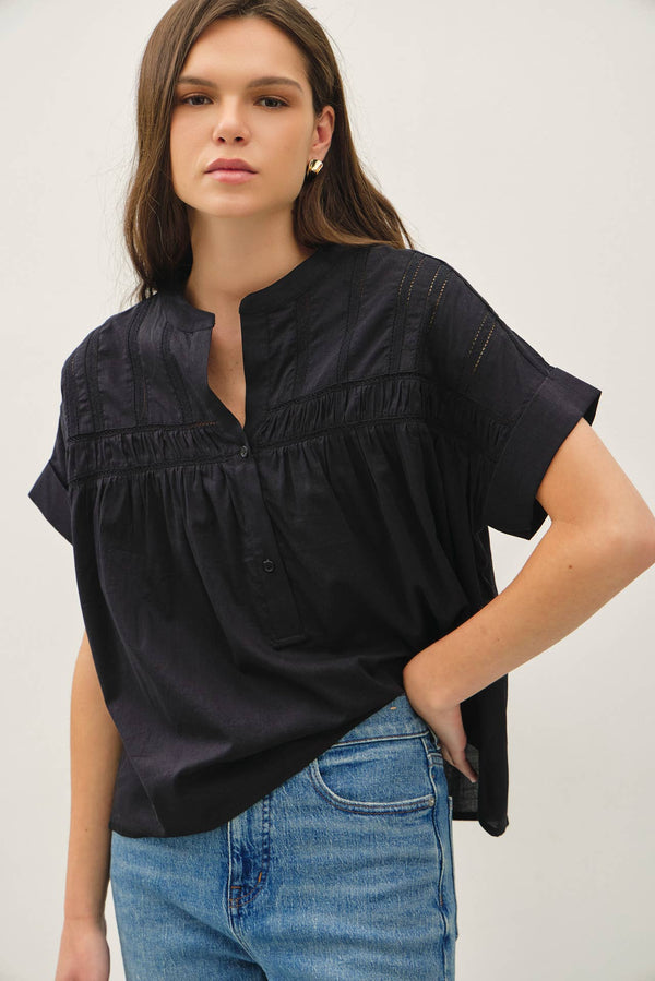 EYELET LACED OVERSIZE DOLMAN SLEEVE TOP-Blue Hand Home