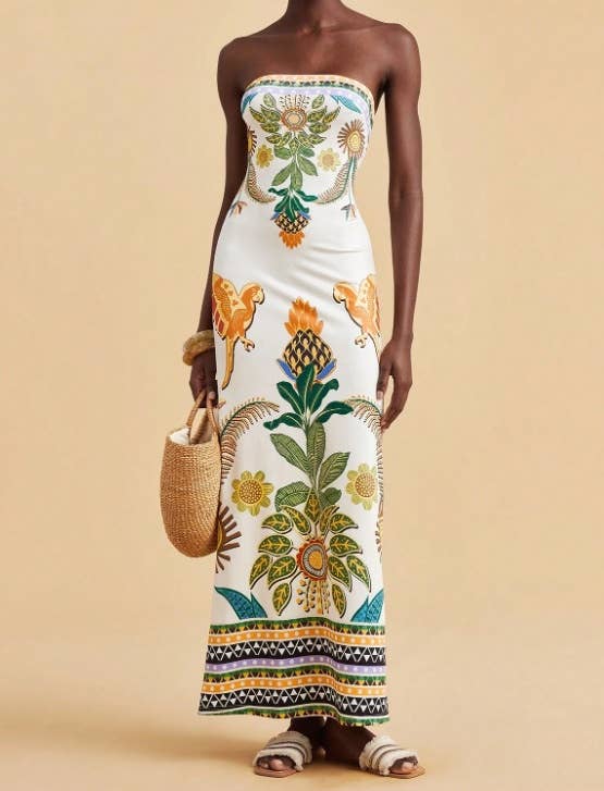Tropical Floral Print Strapless Maxi Dress Tube Dress-Blue Hand Home