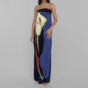 Calla Lily Print Strapless Maxi Dress-Blue Hand Home