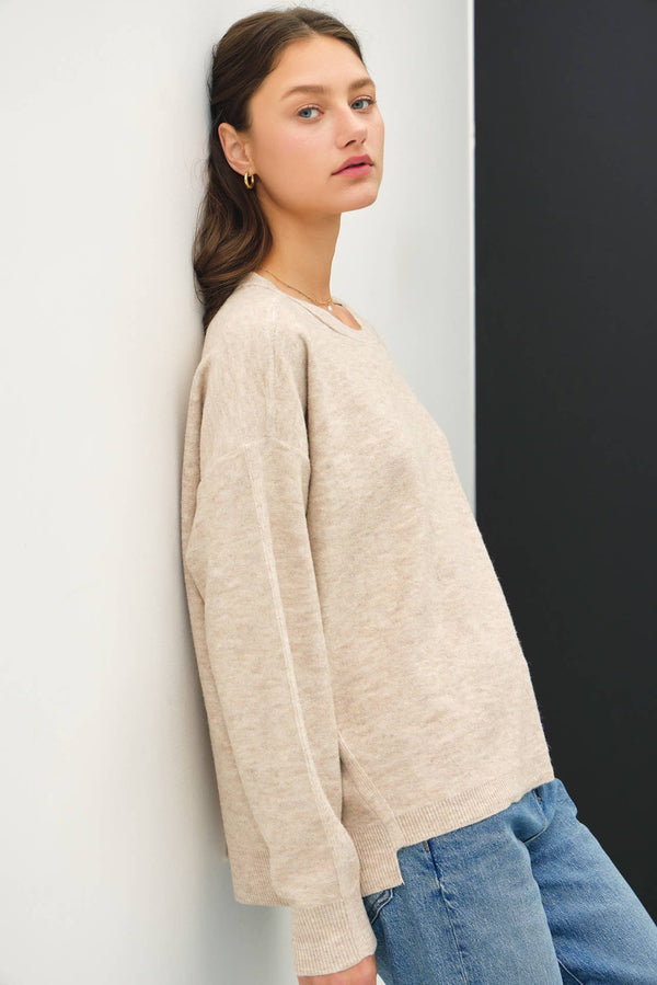 OVERSIZED SLUB YARN SWEATER WITH BACK STITCHING-Blue Hand Home