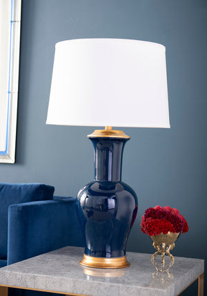 Acacia Lamp with Shade 17-inch White Linen, with Gold, Navy Blue