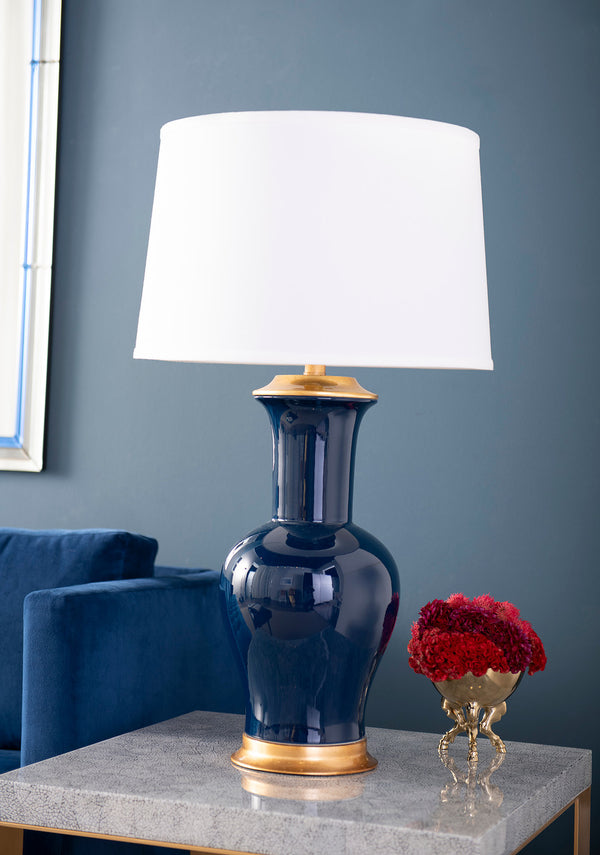 Acacia Lamp with Shade 17-inch White Linen, with Gold, Navy Blue