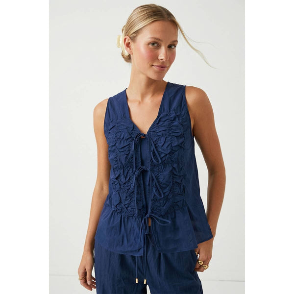 Ruched Front Tie Top-Blue Hand Home