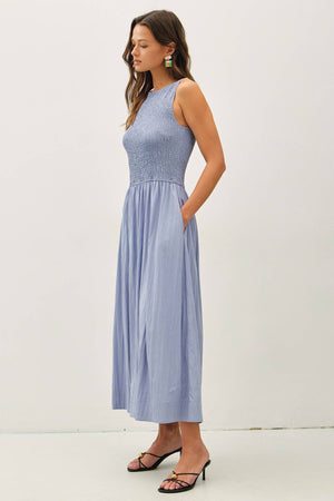 Smocked Bodice Boatneck Tank Midi Dress-Blue Hand Home