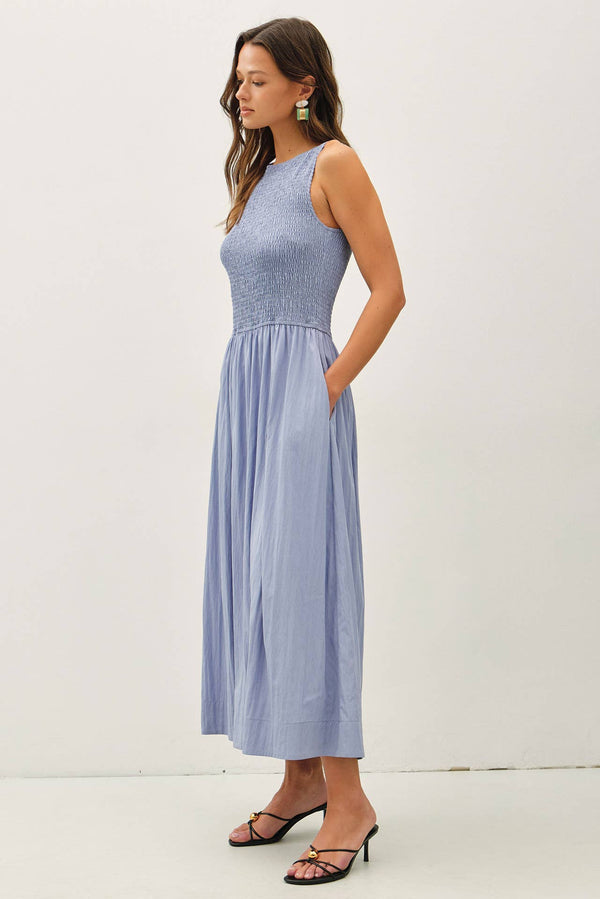 Smocked Bodice Boatneck Tank Midi Dress-Blue Hand Home