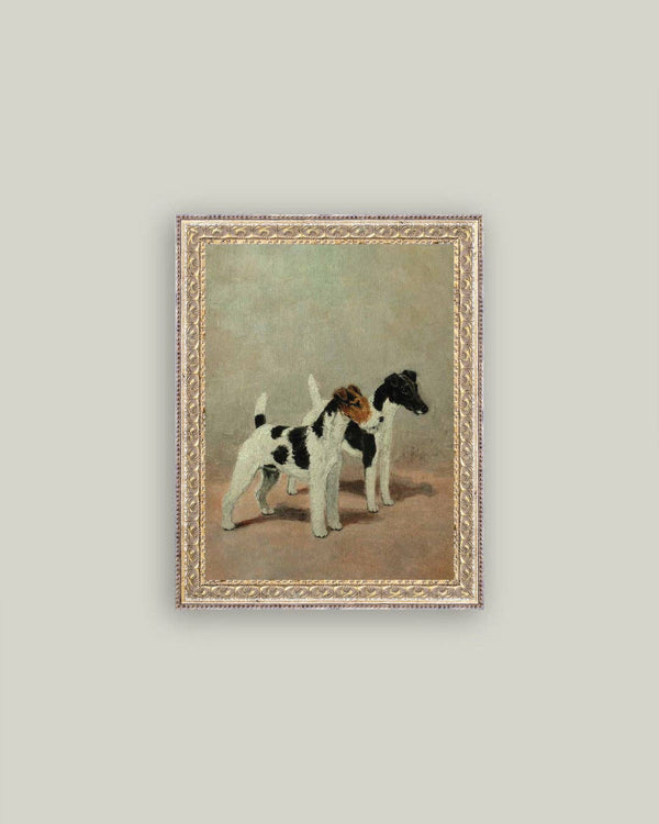 Two Fox Terriers Framed Antique Art-Blue Hand Home
