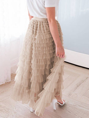 Elastic waist ruffle tulle maxi skirt-Blue Hand Home