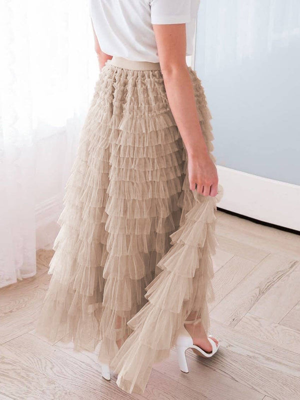 Elastic waist ruffle tulle maxi skirt-Blue Hand Home