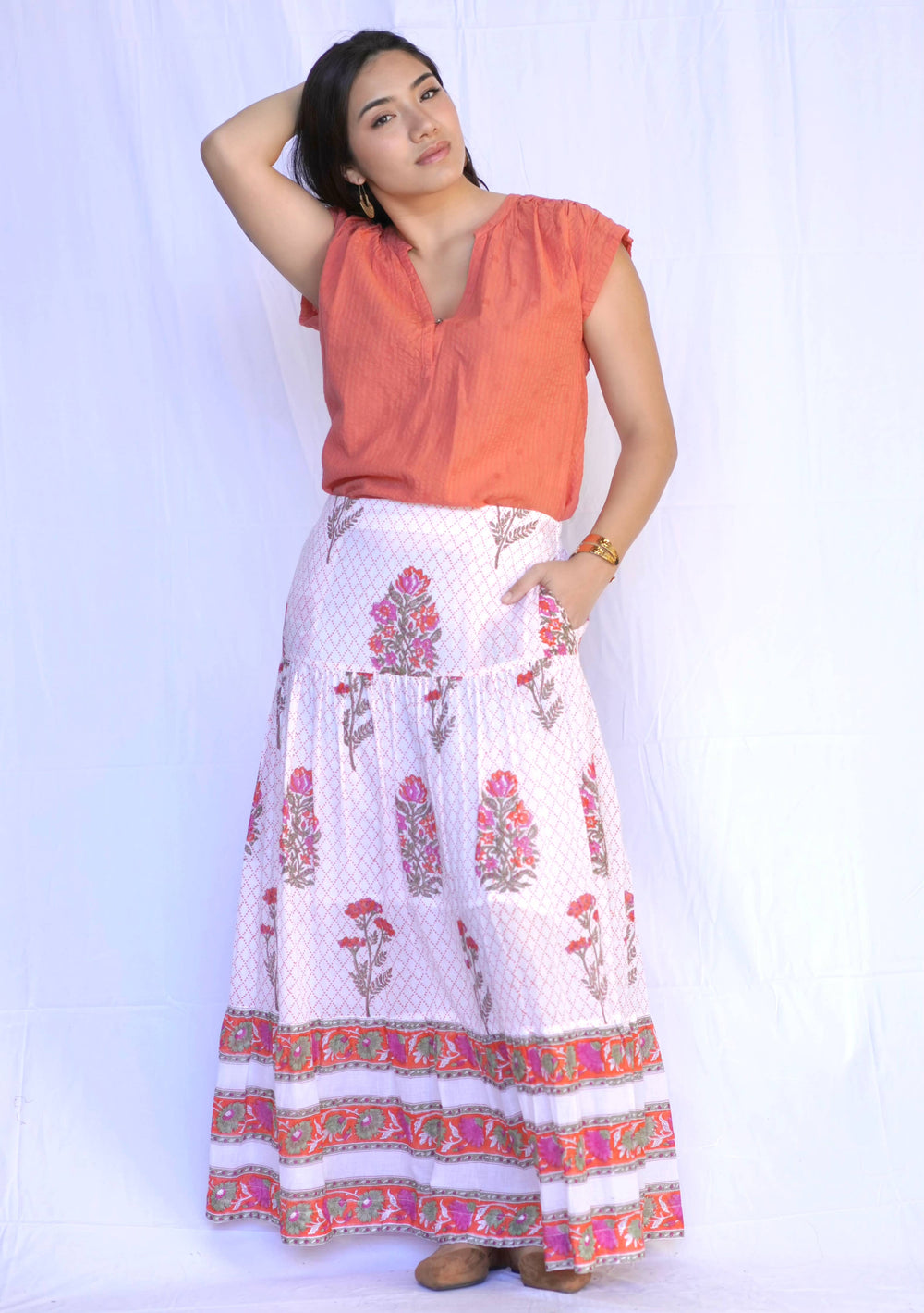 Block Printed Tiered Cotton Skirt- Orange Multi -Blue Hand Home