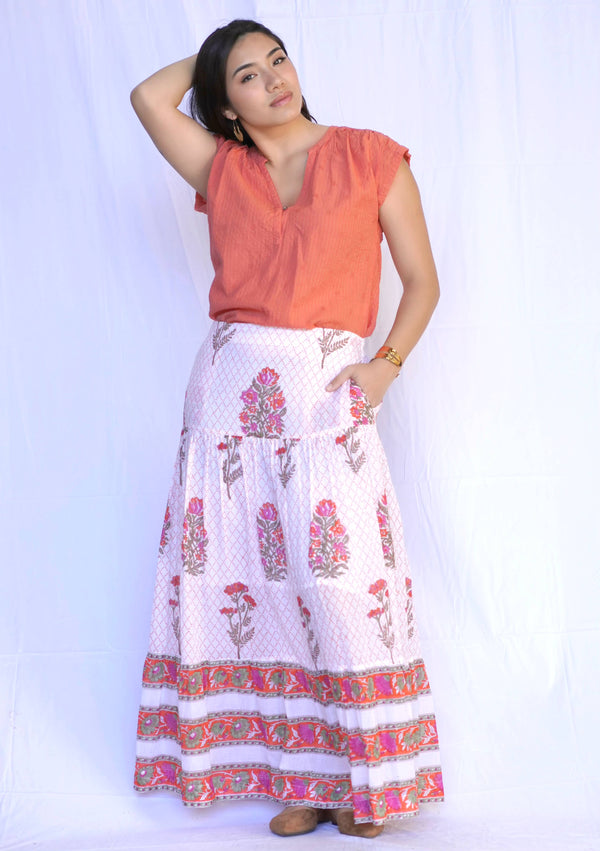 Block Printed Tiered Cotton Skirt- Orange Multi -Blue Hand Home