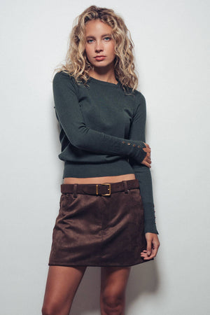 Polished Button Cuff Slim Knit Top-Blue Hand Home