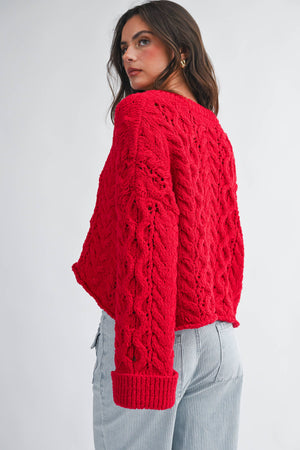 3463hk Textured Cropped Henley Knit Sweater