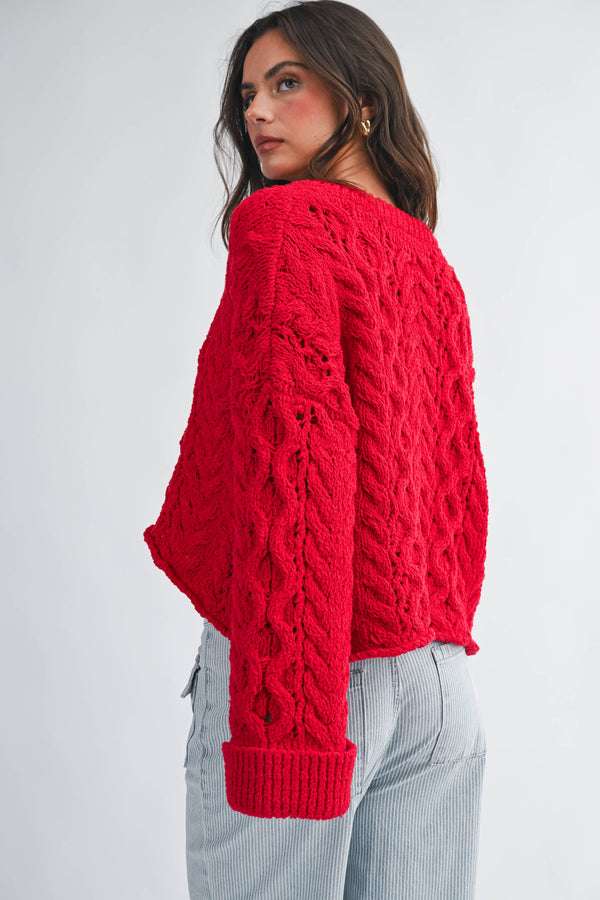 3463hk Textured Cropped Henley Knit Sweater