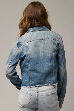 Flap Pockets Raw Hem Denim Jacket-Blue Hand Home
