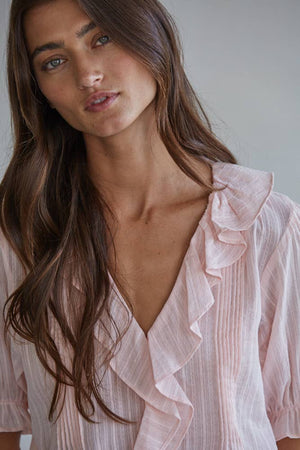 L8439 | Woven Cotton Buttondown V-Neck Short Sleeve Top