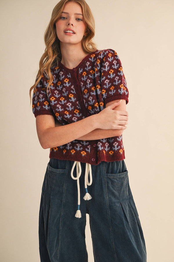 FLORAL SHORT SLEEVE SWEATER CARDIGAN MSW11259-Blue Hand Home