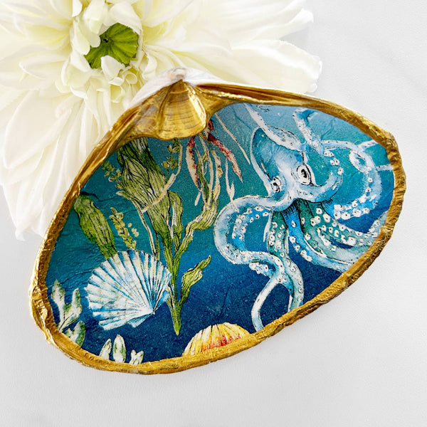 Underwater Oceanic Decoupage Clam Shell Trinket Dish-Blue Hand Home