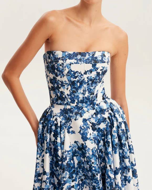 Elegant Strapless Floral Maxi Dress-Blue Hand Home