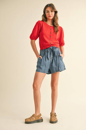 J5056 PUFF SHORT SLEEVE BUTTON DOWN KNIT CARDIGAN-Blue Hand Home