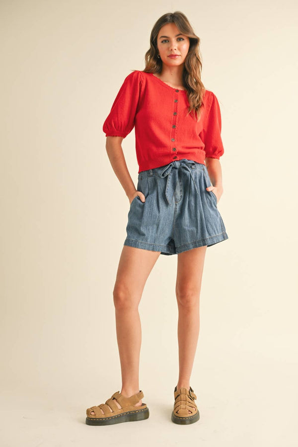 J5056 PUFF SHORT SLEEVE BUTTON DOWN KNIT CARDIGAN-Blue Hand Home