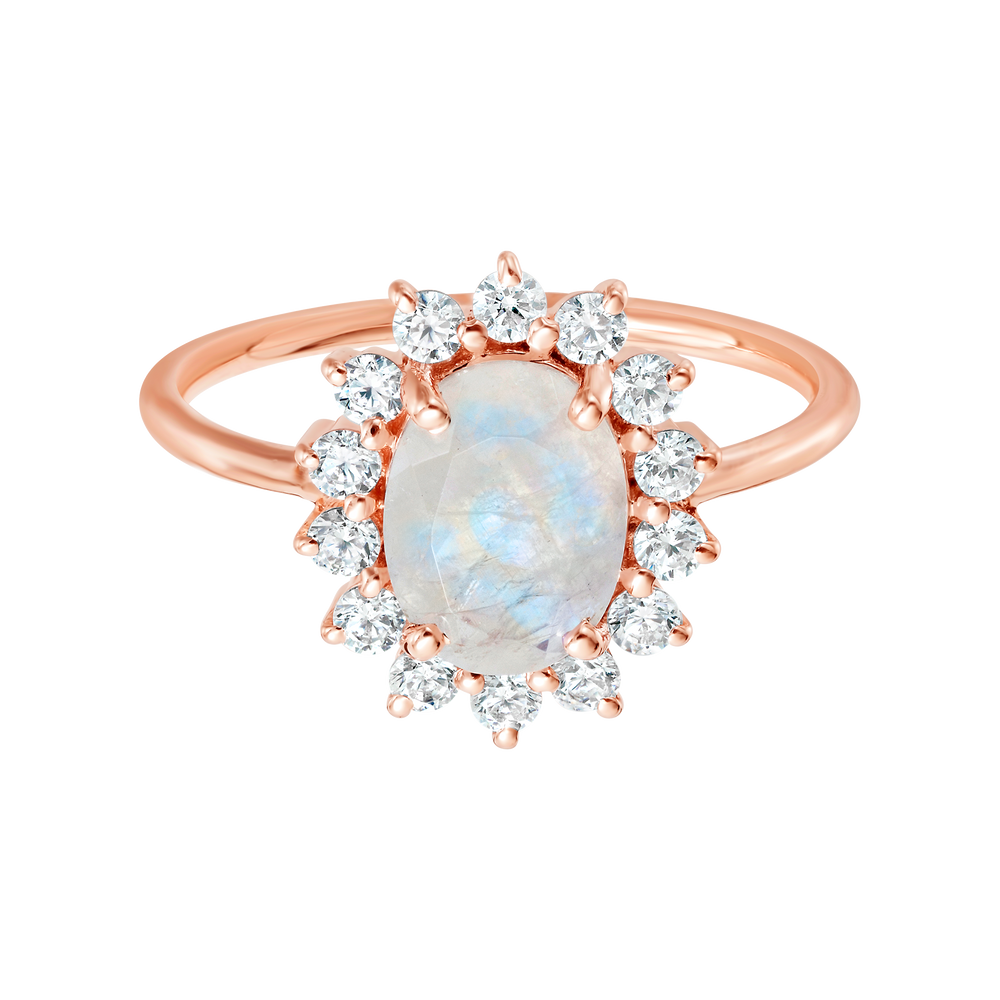 Rose Gold Rainbow Moonstone & Diamond Clarissa Ring-Blue Hand Home