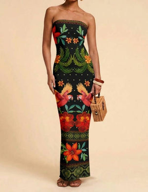 Tropical Floral Print Strapless Maxi Dress Tube Dress-Blue Hand Home
