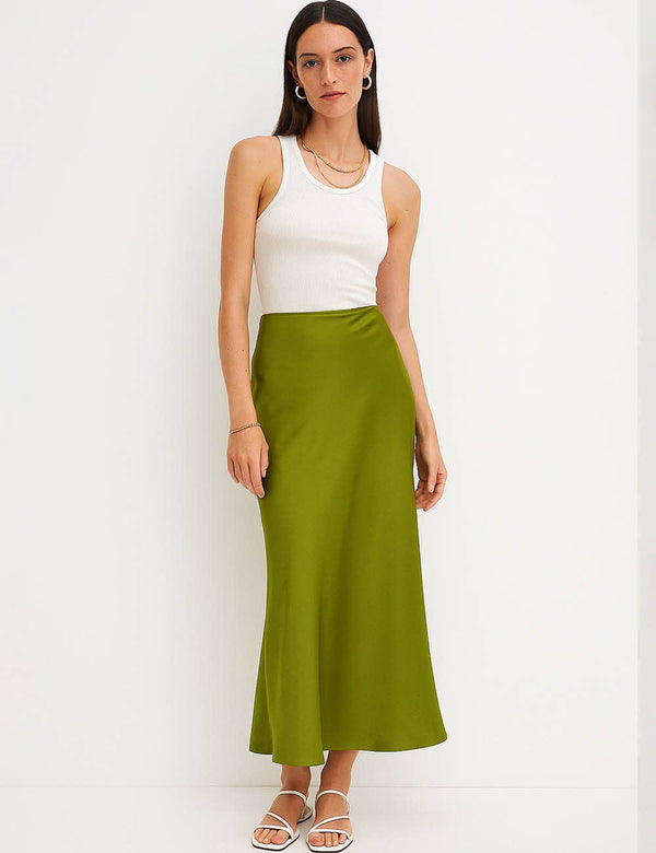 Ladies Solid Color Satin Midi Skirt 5515-Blue Hand Home