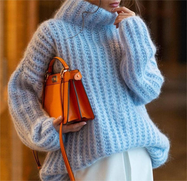 Knitted fluffy turtleneck sweater-Blue Hand Home