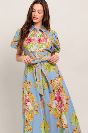 A Printed Woven Midi Dress - Id23438-Blue Hand Home