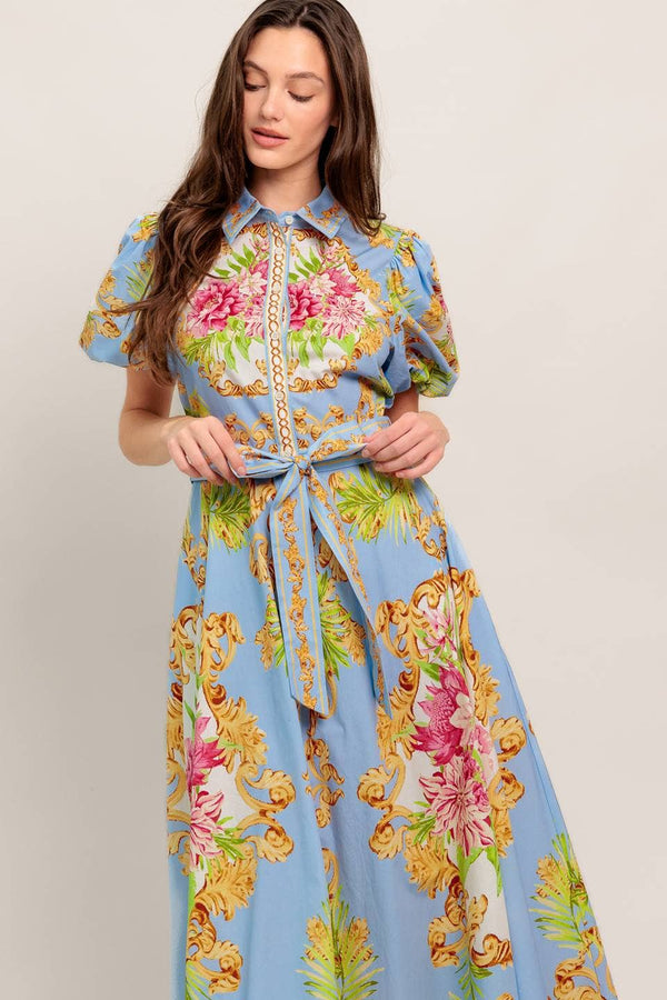 A Printed Woven Midi Dress - Id23438-Blue Hand Home