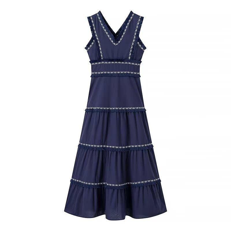 Stylish V-Neck Tassel Panels With Swing Maxi Dresses-Blue Hand Home