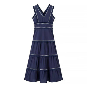 Stylish V-Neck Tassel Panels With Swing Maxi Dresses-Blue Hand Home